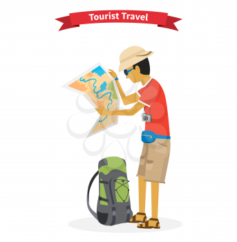 Tourist travel. Concept of the world adventure travel. Relaxation journey, leisure and rest tourism, tourist with map, trip global tour illustration. Tourist with backpack observing a direction