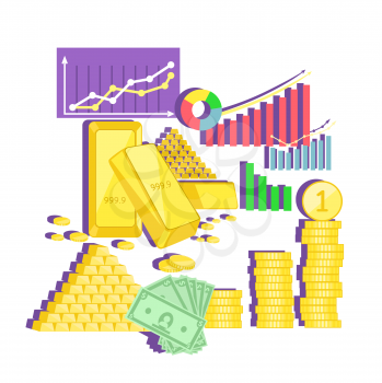 Invest in gold concept icon flat design. Finance investment money, business and coin currency, cash wealth, golden earning, rich and income, profit treasure, financial value account illustration