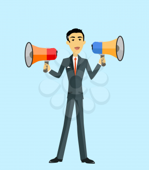 Boss with megaphone. Man with two megaphone. Businessman boss hold megaphone loudspeaker. Boss angry with megaphone. Boss yells into a megaphone. Leadership announcement. Vector illustration