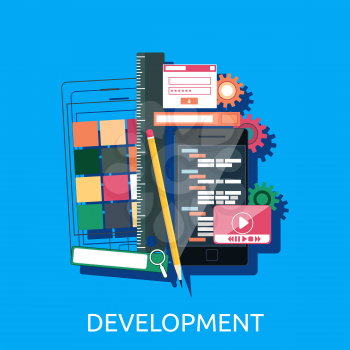 Web development concept. Web design development interface elements creative process tools. Web design, development, web designer, website, web development icons isolated. Vector web development icons