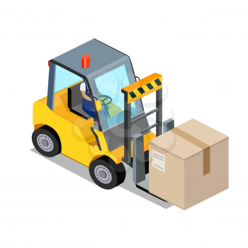 Isometric stackers icon design style flat. Box freight, truck distribution, transportation storehouse, cardboard and crate, package product, forklift and cargo. Stackers icon isolated. 3D Cargo lift