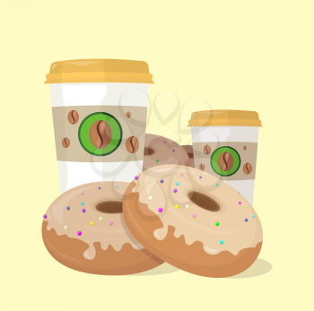 Sweet donuts set design flat food. Doughnut, donuts coffee, donut isolated, coffee and cookies, cake bakery, dessert menu, snack pastry, tasty illustration. Donuts shop. Donut icon. Donuts with coffee