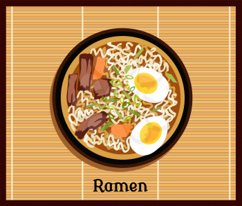 Japanese ramen. Vintage cartoon ramen noodles poster design with noodle and hot soup. Japanese noodle Ramen. Tonkotsu ramen.Pork bone ramen. Japanese food. Japanese ramen icon. Vector Japanese Ramen