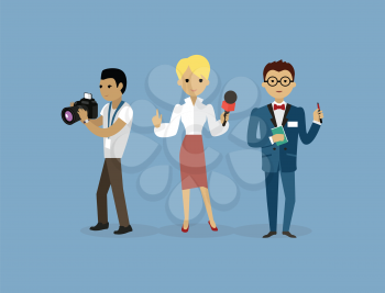 Journalists team people group flat style. Report and press, writer and interview, media news, news reporter, professional and camera, character reporter, journalism illustration. Journalists team