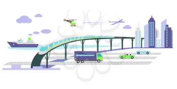 Concept of development of transport infrastructure icon flat. Car future growing, vehicle popularity, traffic automobile, aircraft and ship, autobahn and train, helicopter and road illustration