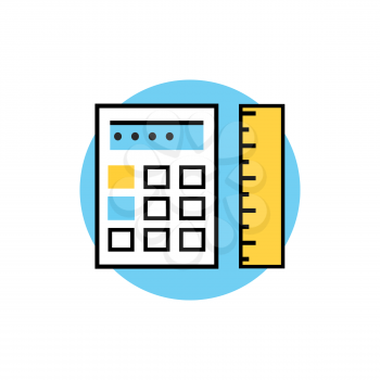 Icon of ruler with calculator logo. Isolated calculator and ruler on white background. Modern vector illustration for web and mobile app. Thin, line, stroke, outline calculator and ruler icon