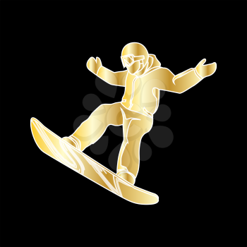 Extreme sport snowboard design. Snow and snowboard jump, snowboard isolated, surfing and winter, cold and mountain, speed board, season snowboarding, snowboarder illustration. Gold on black