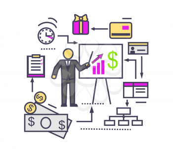 Concept of financial analysis icon flat. Business finance, market and report, marketing graph growth, data and management, presentation diagram and chart, money statistic illustration. Thin line icons