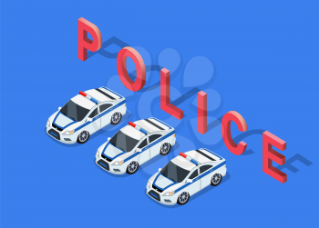 Flat 3d isometric high quality police car. Isometric police car top view. Isolated isometric police car. 3D isometric police car. Isometric blue and white police car icon. Vector police car