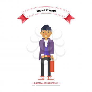 Young man startup dream and persistence. Startup young, dream persistence, startup business, entrepreneur and start, business, entrepreneurship and small business,  young professional illustration