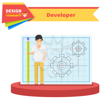 Developer man flat design concept. Developer and growth, development icon, web development, construction development, business developer, creative and professional developer man illustration