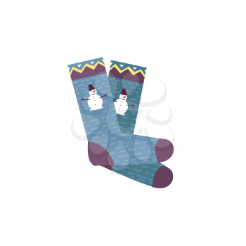Woman socks, man socks. Flat design colorful socks. Socks with the original design. Socks icon. Isolated socks. Pair of socks. Socks with snowman. Vector socks. Logo socks