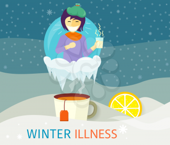 Winter illness season people design. Cold and sick, virus and health, flu infection, fever disease, sickness and temperature, unwell and scarf illustration. Infected infographic. Illness concept