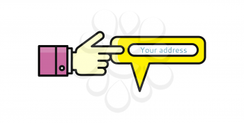Speech bubble your address pointer hand. Bubble speech address, pointer hand web, cursor hand finger, direction,  pointing finger hand, hand web internet, searching address online illustration
