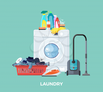 Laundry washing machine, vacuum and detergents. Laundry and laundry basket, washing machine, washing and laundry service, detergent and vacuum, cleaner laundry, clean machine cloth illustration