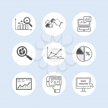 Set of black icons data analysis. Information optimization, trend development, idea and strategy, financial growth, infographic seo, process finance statistic. Set of thin, lines icons