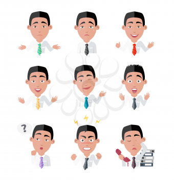 Emotion and avatar. Variety of emotions office worker. Businessman person, cartoon people, character manager, success and angry, exhausted expression, depression and furious vector illustration