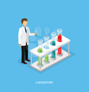 Science lab isomatric design flat. 3D Science and scientist, science laboratory, lab chemistry, research scientific, microscope and experiment, chemical lab science test, technology illustration