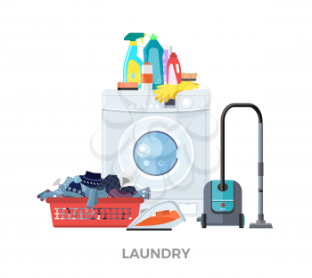 Laundry washing machine, vacuum and detergents. Laundry and laundry basket, washing machine, washing and laundry service, detergent and vacuum, cleaner laundry, clean machine cloth vector illustration