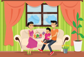 Happy childhood easter family set design. Easter egg and spring happy easter family. Family easter holiday vector illustration in cartoon flat design