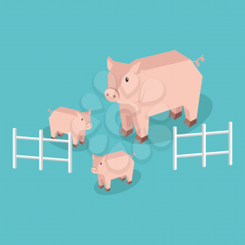Isometric pig with piglets isolated. Pig family animal farm with litttle piglet, funny drawing livestock farm boar or big swine, 3d funny cute pig with pigling stand near fence. Vector illustration