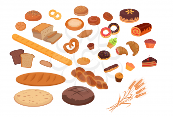 Bakery products set flat design. Bread and bakery shop, cake and baking, pastry cupcake products, roll and donut, product food bakery, breakfast vector illustration