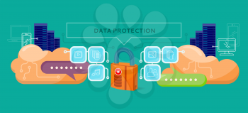Data protection design flat concept. Data security privacy, security data stream backup, technology web, internet information data protection vector illustration