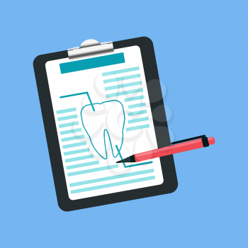 Dental tablet treatment design flat. Dental prescription, medication  document medicine, treatment medical, tablet health tooth, care stomatology, analysis and inspection vector illustration 