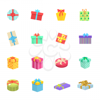 Set of gifts boxes design flat icon. Colorful gift wrap box present with bows and ribbon isolated, gift package holiday christmas surprise for anniversary or birthday or xmas gift. Vector illustration