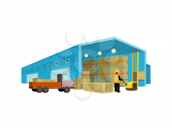 Equipment delivery process of the warehouse. Warehouse interior, logisti and factory building exterior, business delivery, storage cargo vector illustration. Workers in the warehouse with a cart