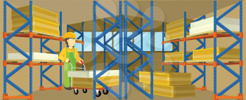 Equipment delivery process of the warehouse. Warehouse interior, logisti and factory, loader man in warehouse building exterior, business delivery, storage cargo vector illustration