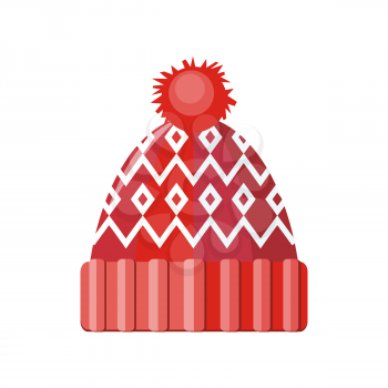 Winter red wool hat icon. Knitted winter woolen cap isolated on white background. Flat icon winter snowboard hat cap. Vector illustration