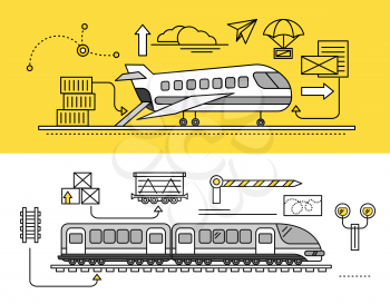 Freight Forwarding by air and rail by train. Transport delivery, shipping import industry, distribution and logistic, export railway transportation. Set of thin, lines, outline flat icons