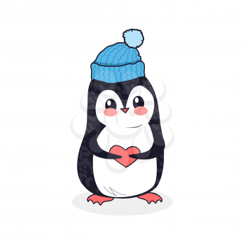 Animal penguin design flat. Bird penguin vector, cartoon polar animal winter isolated, wild penguin character with the cap and heart illustration