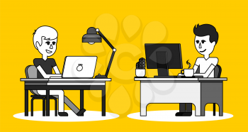 Man work with computer laptop design flat. Computer and business man worker, man in office desk, businessman person at table workplace, character work manager vector illustration. Black on yellow