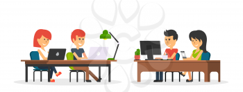 People work in office design flat. Business woman and man, computer worker, Office desk table and workplace. Guy girl sitting on chair at table in front of computer laptop monitor and shining lamp