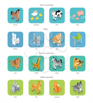 Wild exotic and farm animal set isometric. Pet dog bird, animals vector, cartoon animals, cat and lion, horse and tropical wildlife, mammal creature illustration. Isometric animal set