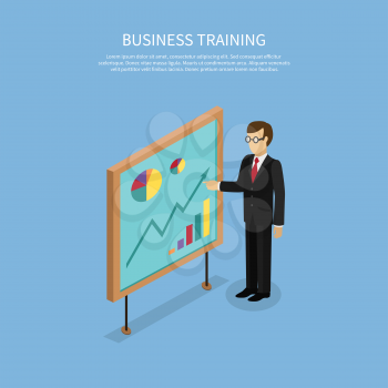 Training staff briefing presentation. Staff meeting, staffing and corporate business training, employee training, mentor business seminar meeting vector. Isometric Man near board with carts and graphs