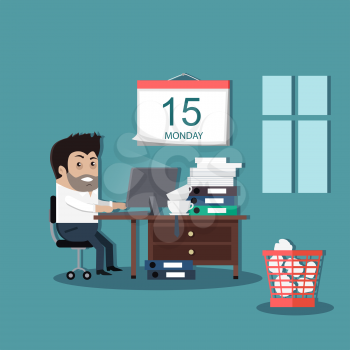 Deadline design concept interior man. Calendar deadline, time and time running out, timeline and due date, business work office deadline job vector illustration.Table on which many folders with paper