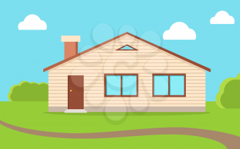 House in nature, sky with clouds. Wooden rural house house with windows, doors and the chimney flue on the green lawn. Day sky with clouds home in nature flat style design. Vector illustration