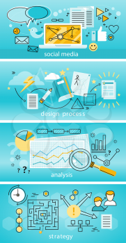 Social media analysis and strategy. Set of banners and strategy analysis, social media and design process. Decision challenges isledovanie data graphs and diagrams flat style. Vector illustration
