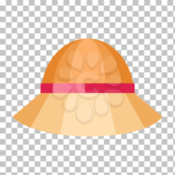 Summer hat isolated on checkered background. Fashionable orange Panama hat with red ribbon for protection from sun and rain weather conditions. Garment for wearing on the head. Vector illustration