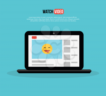 Watch video. Laptop with page site. Home page of the site to view videos with a funny smiley design flat style. Conceptual banner with mobile computer on a background isolated. Vector illustration