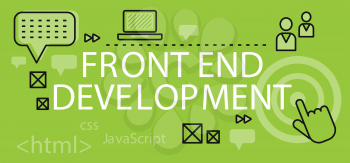 Front end development banner concept. Background or backdrop with elements icon on digital programming and development. Create proscale write scripts in java language design flat. Vector illustration