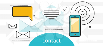 Contact concept message and speech bubble. Conceptual banner envelope contacts and message. Incoming and outbox alerts. Digital communication dialogue and correspondence. Vector illustration