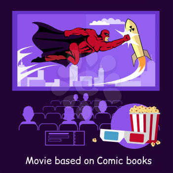Movie based on comic books banner. Conceptual banner audience in a movie theater watching the premiere of the film based on a comic book with glasses and popcorn design flat. Vector illustration