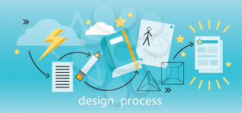 Design process banner flat concept. Process and procedure for the establishment of new creative design. Path from idea to finished projects. Drawing in pencil on sheet paper. Vector illustration
