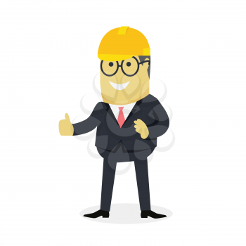Businesman show gesture thumb up. Young successful investor man in glasses do business hand gesture shows good job isolated on white background. Approval of praise and agreement. Vector illustration