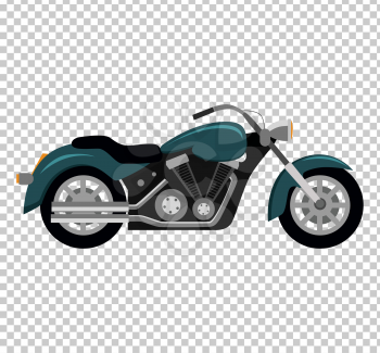 Cool motorcycle isolated on white background. Vehicle on two wheels, biker chopper. Transport modern motorbike with power engine. Classic bike for riding in a flat style. Vector illustration