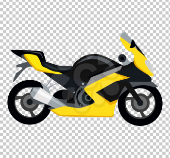 Cool motorcycle isolated on white background. Vehicle on two wheels, biker chopper. Transport modern motorbike with power engine. Classic bike for riding in a flat style. Vector illustration